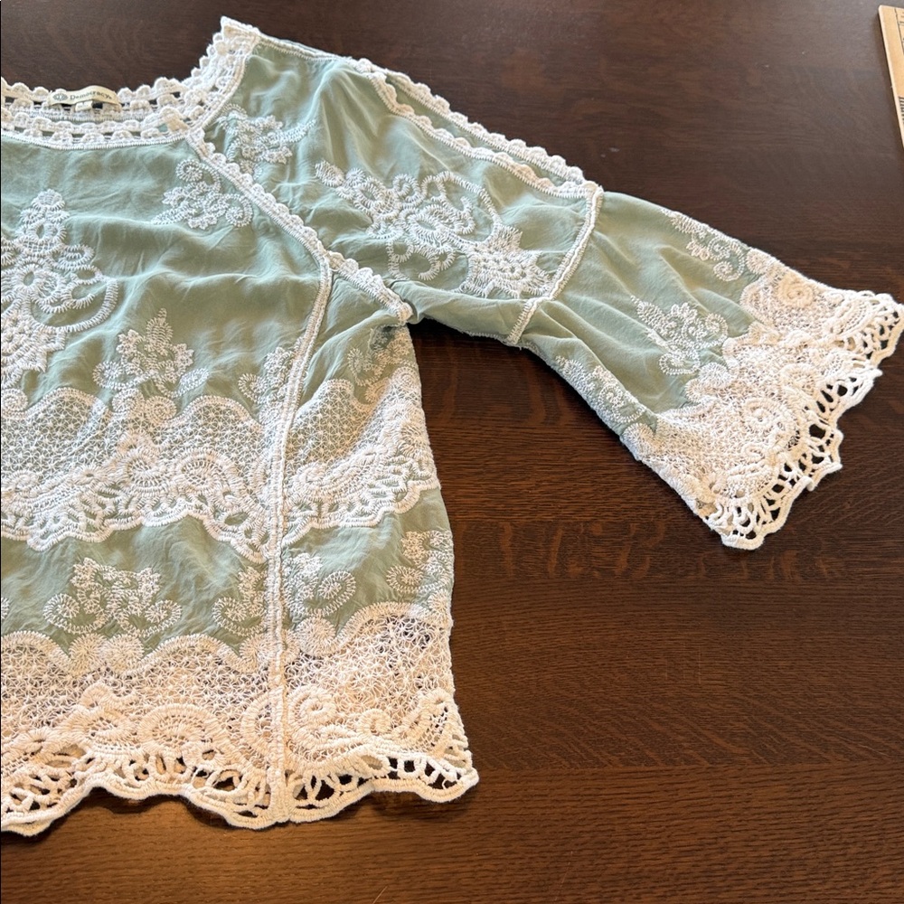 Democracy Embroidered Top Womens Large Green Lace Crochet Boho Peasant fairycore - Picture 6 of 11